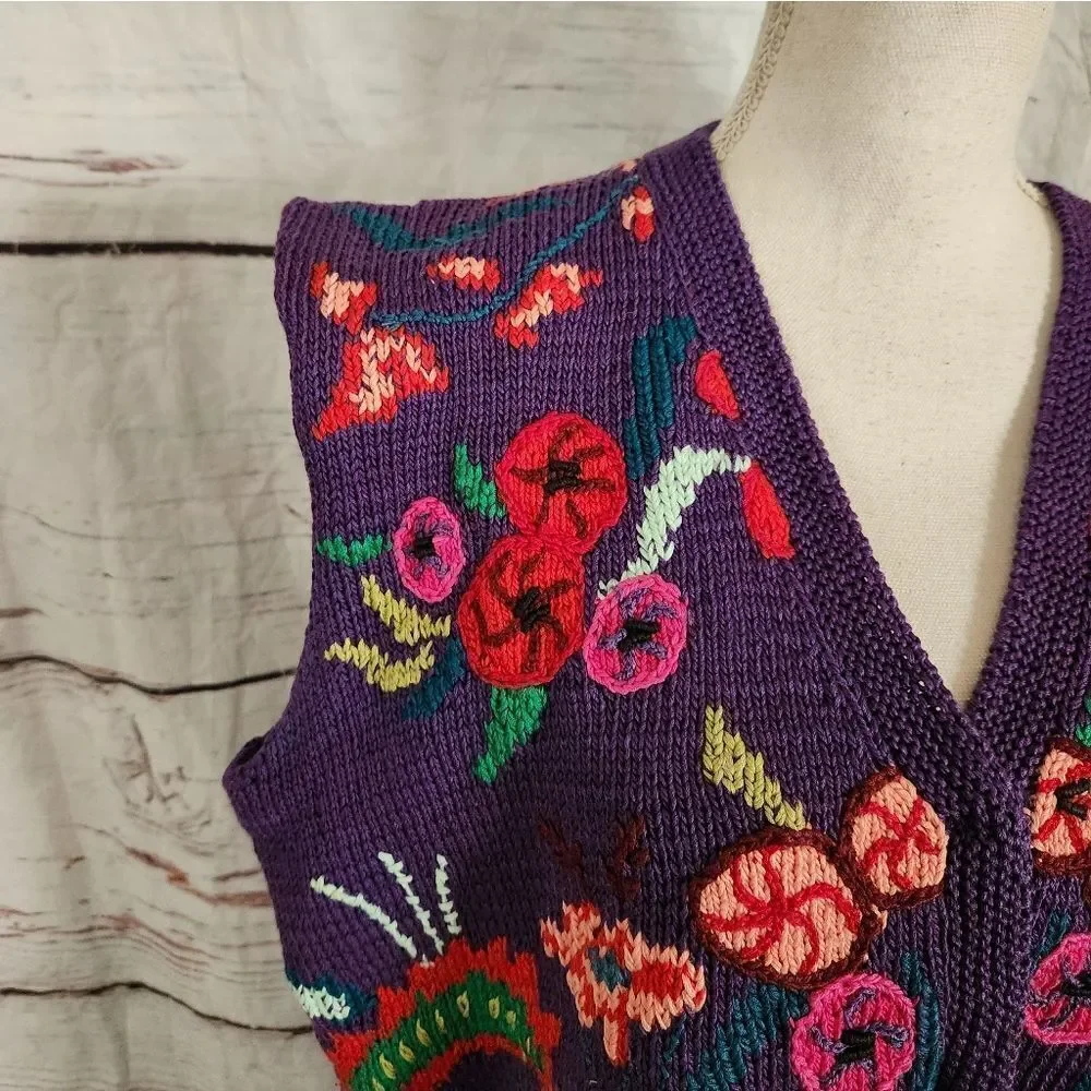 Vintage Berek Hand Knitted‎ Floral Sweater Vest Size Medium
